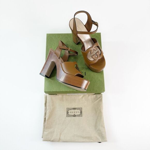 GUCCI Cosmos Softy Cutout Interlocking G Brown Platform Heel Size 40.5 Sandal - Picture 2 of 15